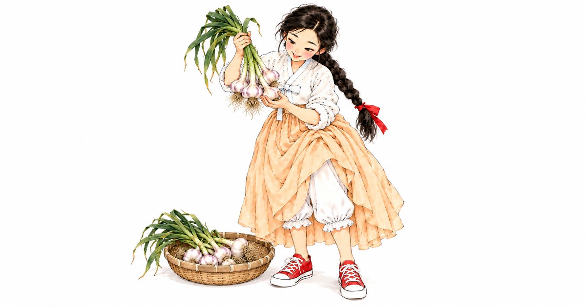 단이가 흙 묻은 햇마늘 한 다발을 들어 보인다 — 소만, 보리·매실·햇마늘이 가득 차는 절기