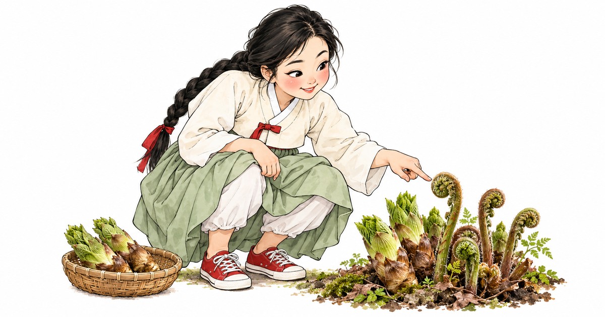 단이가 쭈그려 앉아 고사리 순을 가리키고, 옆 바구니에는 두릅이 담겨 있다 — 경칩, 잠든 것이 깨는 절기