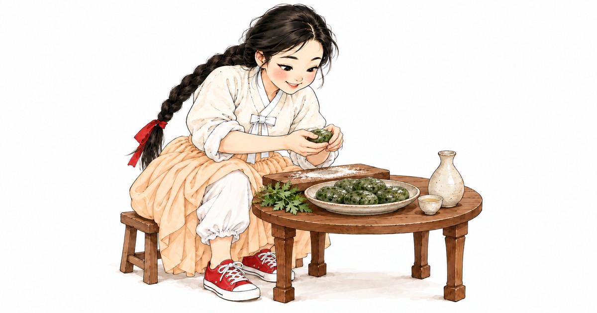 단이가 쑥떡을 빚고 있다, 상 위에 쑥 한 줌과 청명주 병 — 청명, 하늘이 맑아지는 절기