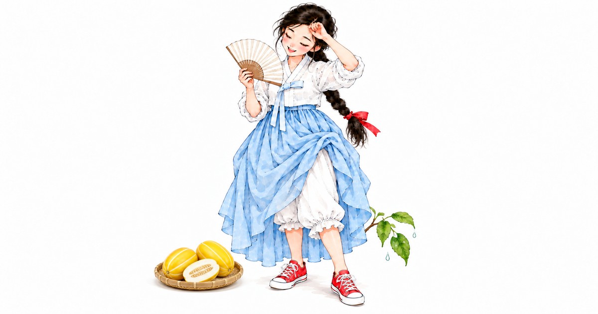 단이가 부채질하며 땀을 닦고, 발치에 참외 소반 — 소서, 작은 더위가 드는 절기