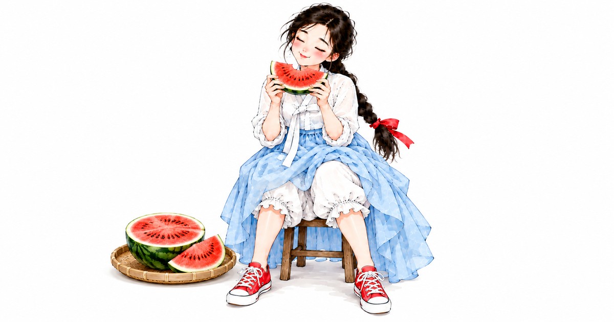 단이가 눈을 감고 수박 한 쪽을 먹고 있다, 발치에 쪼갠 수박 — 대서, 더위가 가장 깊은 절기