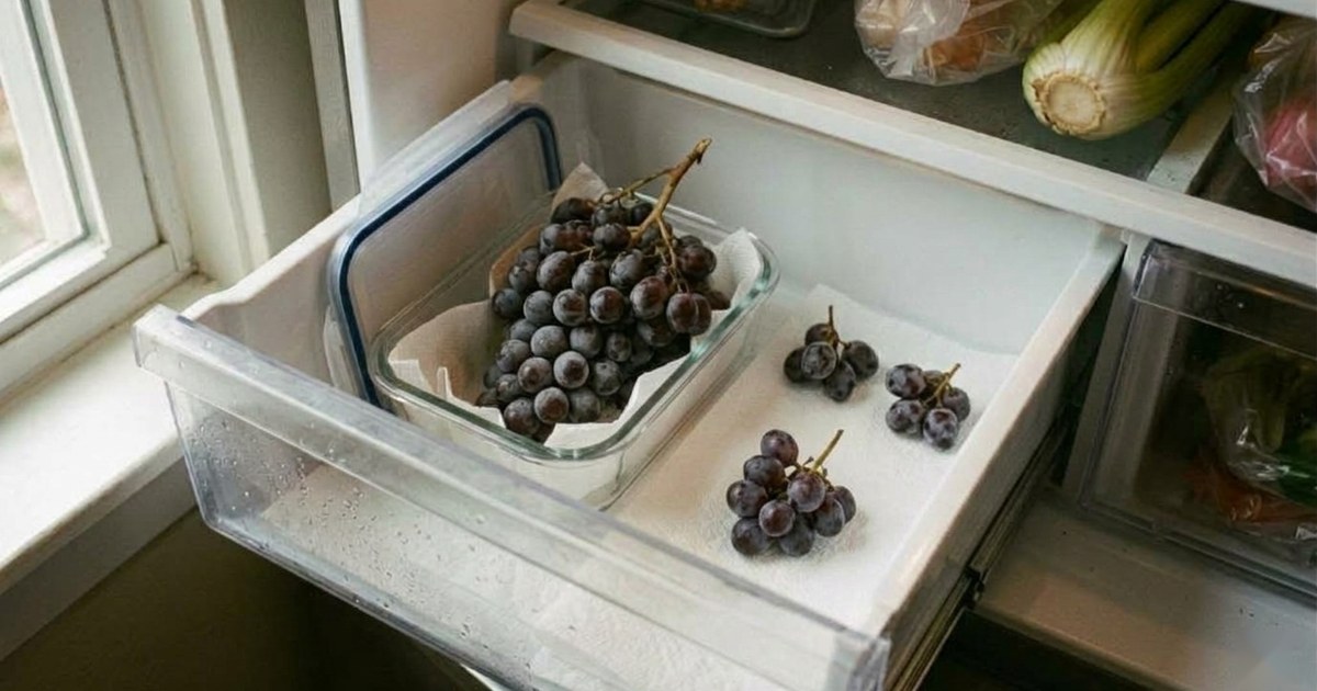 냉장고 서랍 안, 종이를 깐 용기에 씻지 않은 검붉은 포도 송이를 담아 둔 모습
