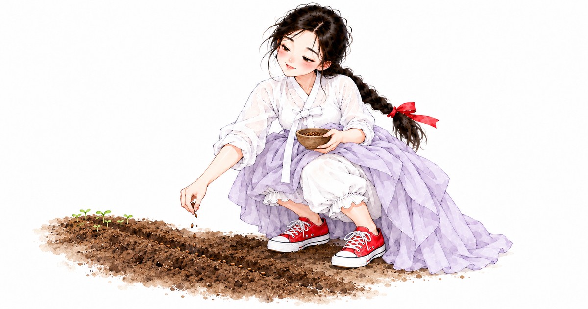 단이가 쭈그려 앉아 밭고랑에 김장 무·배추 씨를 넣고 있다 — 입추, 가을은 이름부터 온다