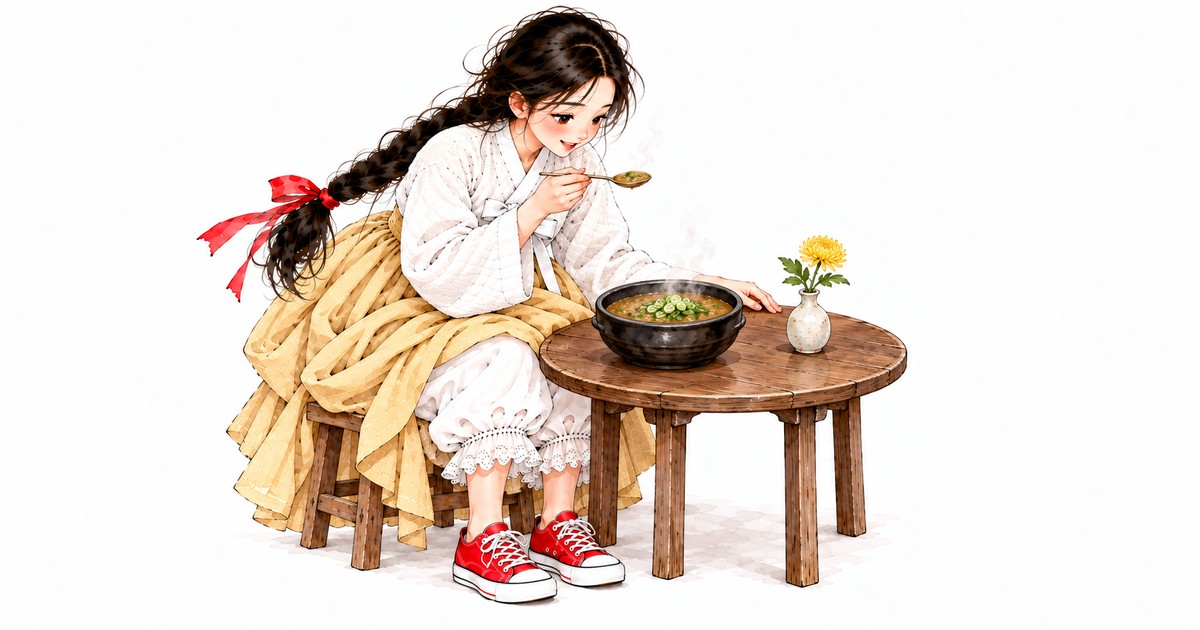 단이가 김 나는 추어탕 뚝배기를 뜨고, 상 위에 노란 국화 한 송이 — 한로, 찬 이슬이 드는 절기